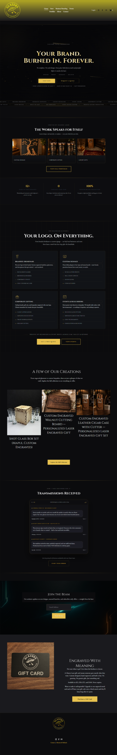 Glazers Laser Engraving website, full page