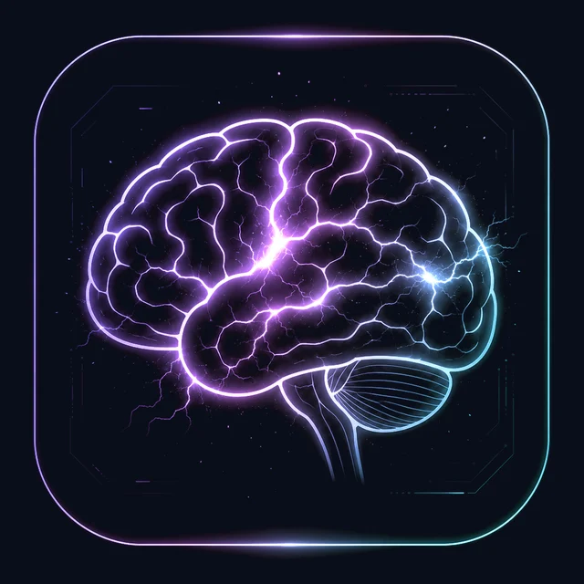 Brain Dump app icon: a glowing brain in violet and cyan